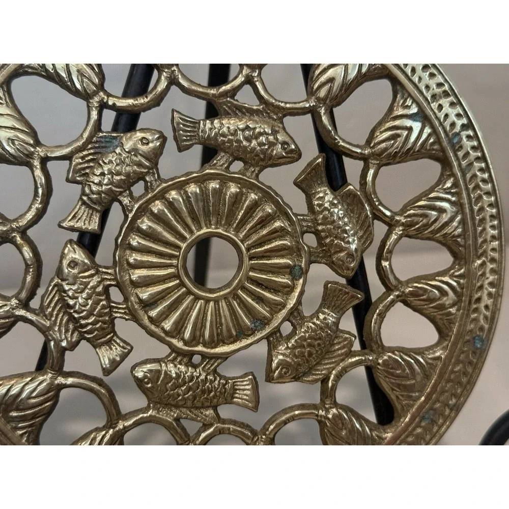 Vintage Brass Trivet Round Fish Design Hot Pot Holder Kitchen Decor Stamped